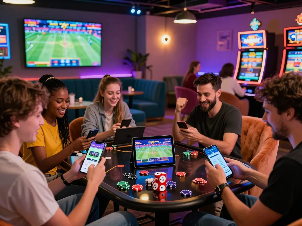 Players engaging with the 12Bet app in a stylish gaming lounge, showcasing excitement and diversity.