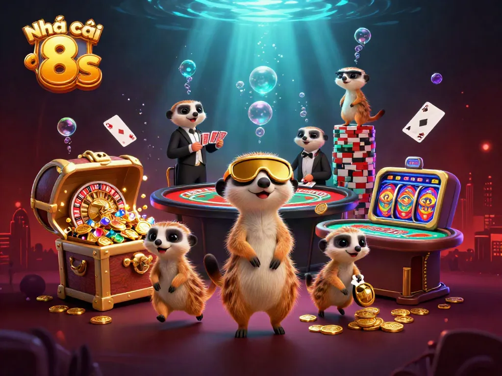 Experience the excitement of Nhà cái 8s with meerkats running a vibrant casino operation, complete with glowing elements.