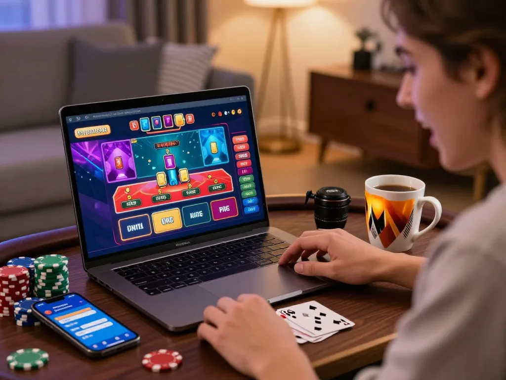 Engaged user playing online casino games at home featuring man88 betting options and a lively atmosphere.