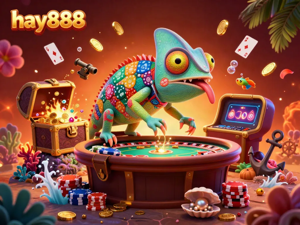 Experience the thrilling world of hay888 with vibrant casino action and a playful chameleon character!