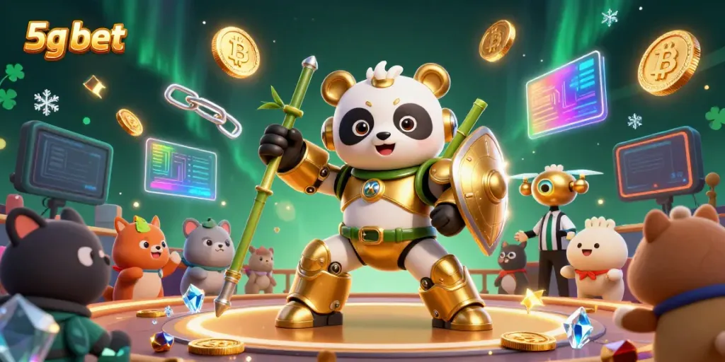 Experience the excitement of winning with 5g bet as a golden panda fighter battles with vibrant casino elements.
