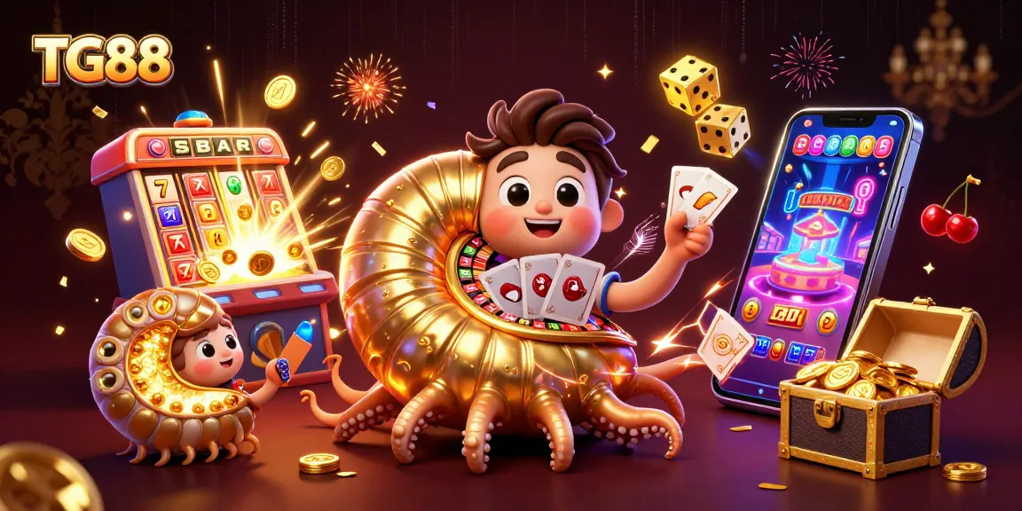 Experience thrilling gameplay at TG88 with a dynamic casino scene showcasing vibrant games and jackpots.