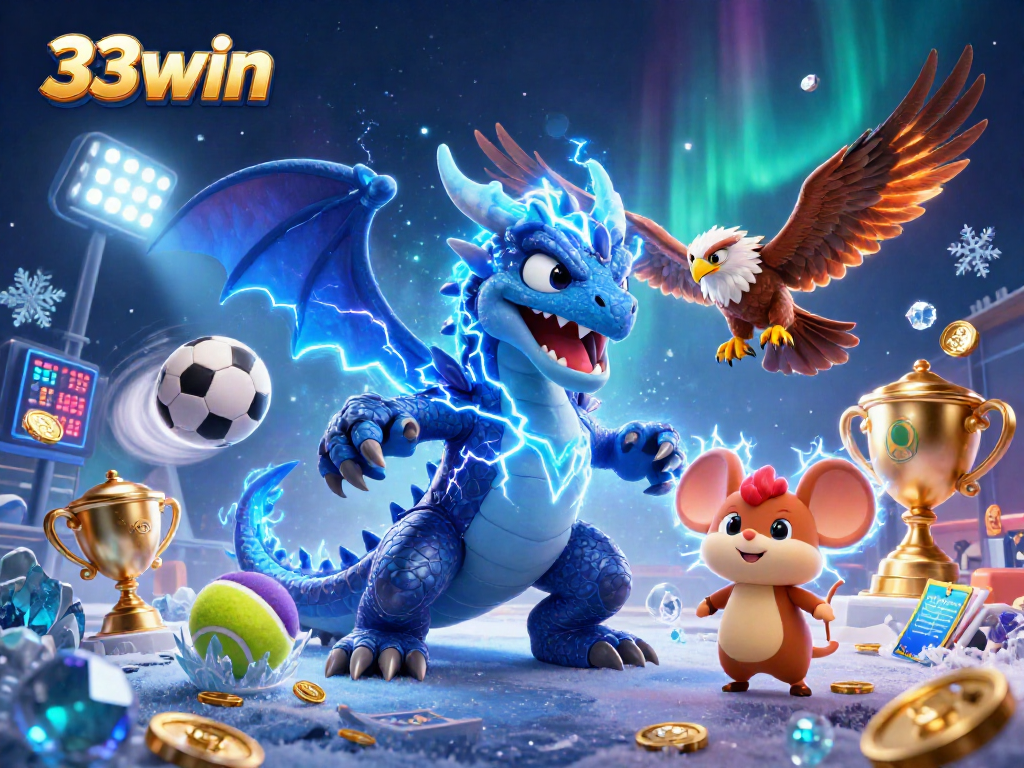 Engage with 33win's thrilling 3D illustration showcasing dynamic sports elements and characters.
