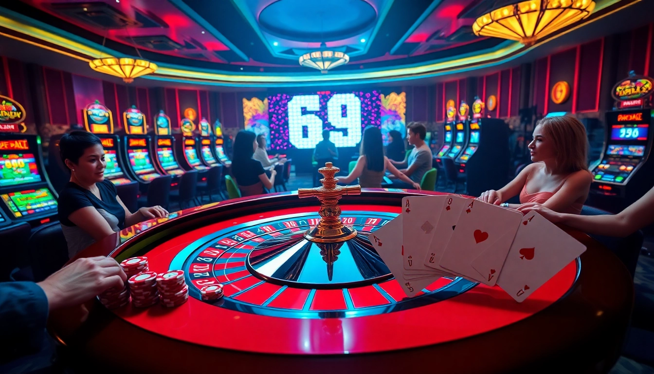 Jogadores participando de uma roleta de alto ritmo em um cassino luxuoso, destacando a emoção do 69T.