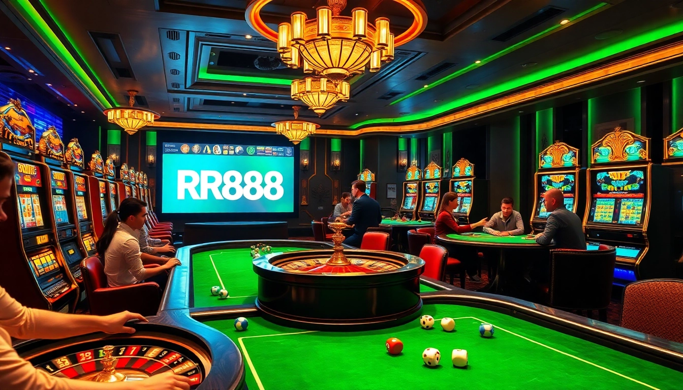 A thrilling RR88 casino scene showcasing poker tables, slot machines, and dynamic gaming action.
