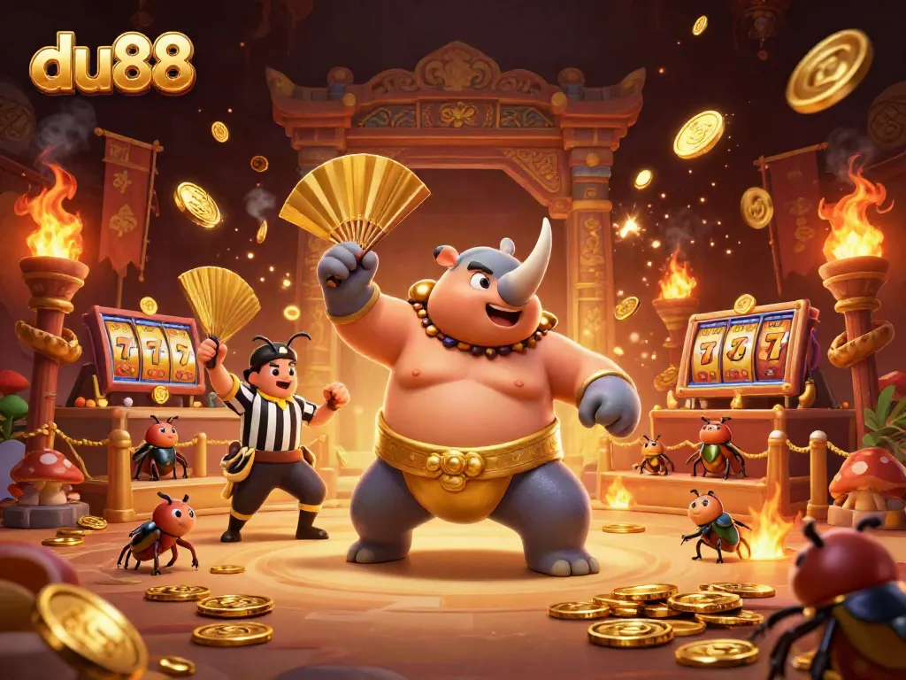 Experience exciting du88 gaming with a unique sumo beetle champion amidst golden coins and casino elements.
