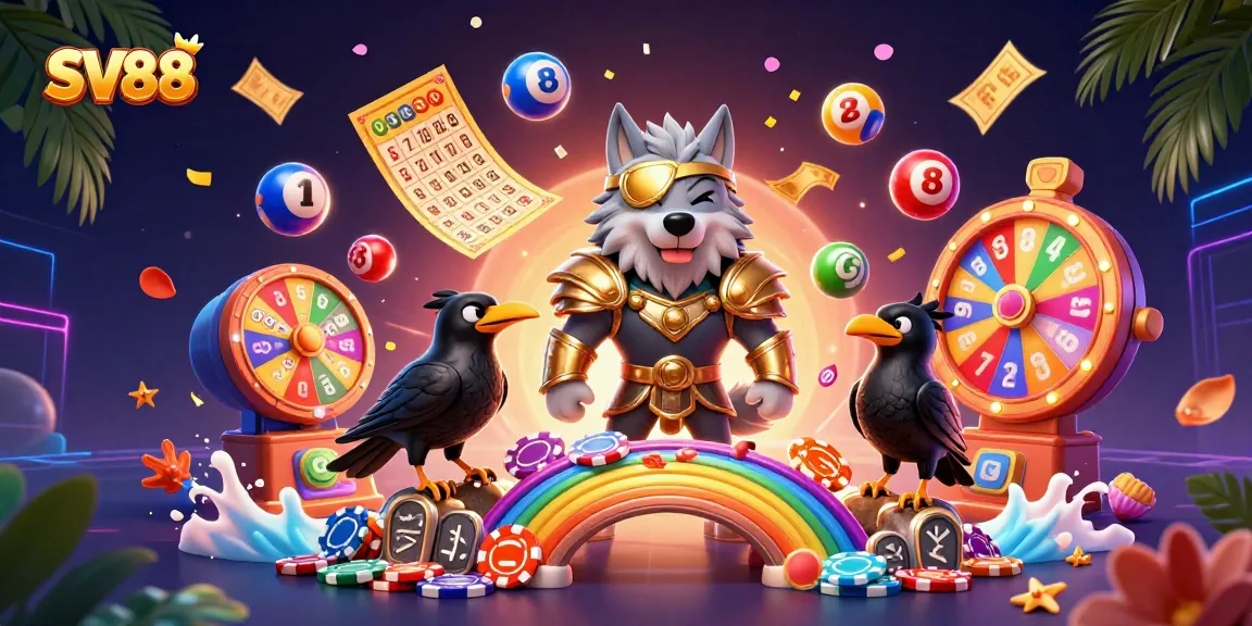 SV88 captures the excitement of gaming with vibrant characters and lottery elements in a dynamic casino scene.