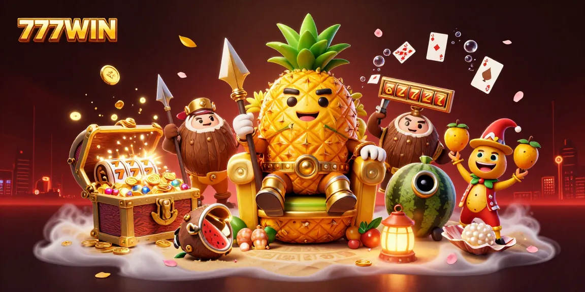 Experience thrilling slots at 777WIN with the exciting golden pineapple king on a vibrant beach casino scene.