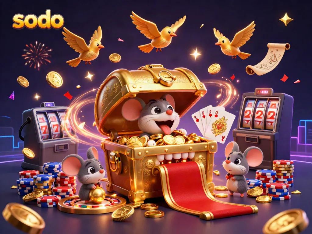 Experience vibrant sodo casino excitement with treasure chests, confetti, and winning symbols in a rich 3D scene.