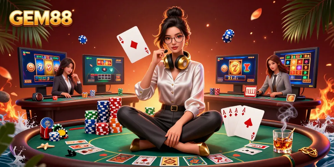 Experience GEM88's vibrant gaming scene with a stylish Asian woman at a high-tech setup.