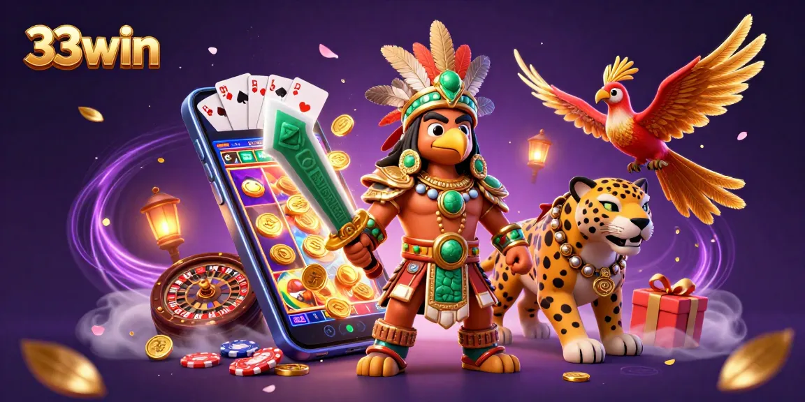 Experience thrilling wins with 33win as the Aztec warrior guides you through an epic casino adventure.