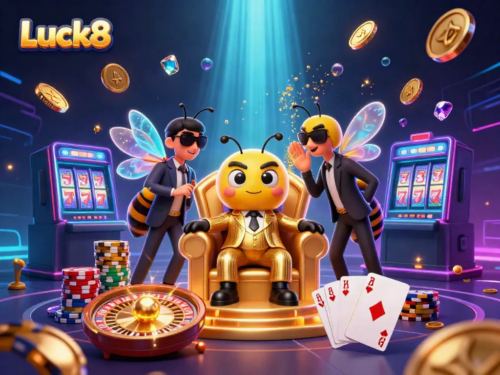 Experience excitement with Luck8's thrilling casino scene featuring animated characters and dynamic game elements.