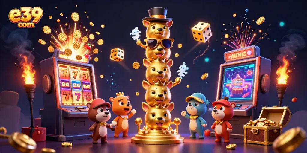 Experience e39 com's rich casino gaming with vibrant characters and jackpot excitement.