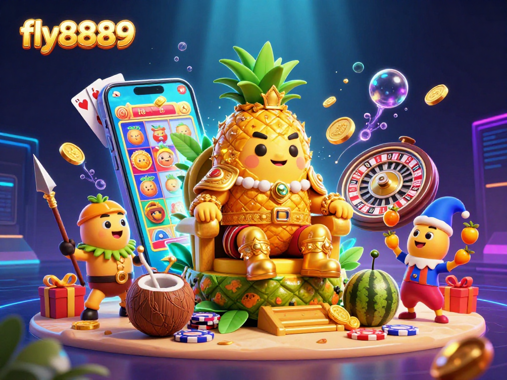 Experience thrilling gaming moments with fly8889's pineapple king amidst vibrant casino elements.