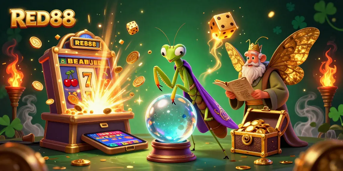 Engage with RED88 online casino's vibrant and lively 3D scene showcasing rich gaming elements.