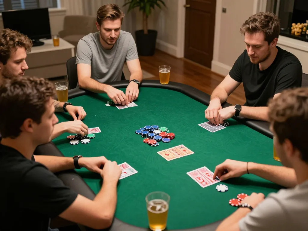 Engaged players enjoying a poker game and strategizing at home on 789win com