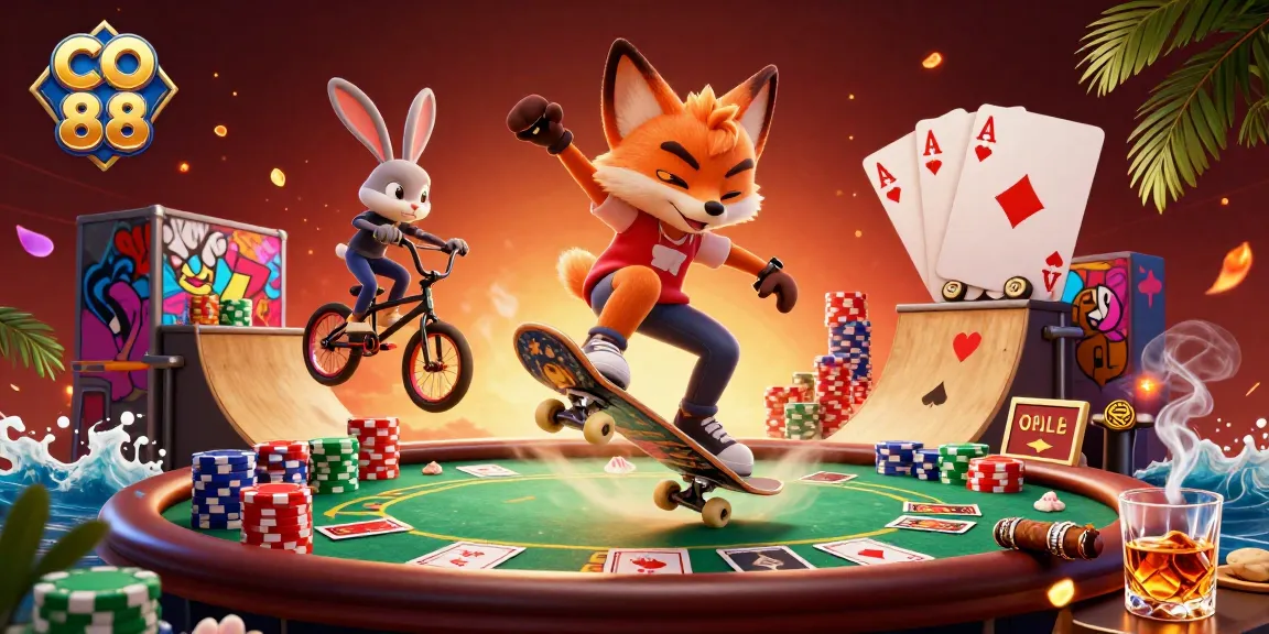 Experience thrilling action in CO 88 with a fox performing tricks over golden poker chips.