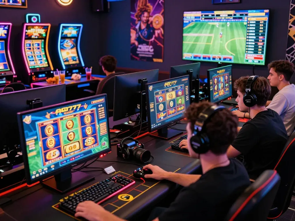 AQ777 gaming scene with diverse players enjoying live dealer games and sports betting in a vibrant setting