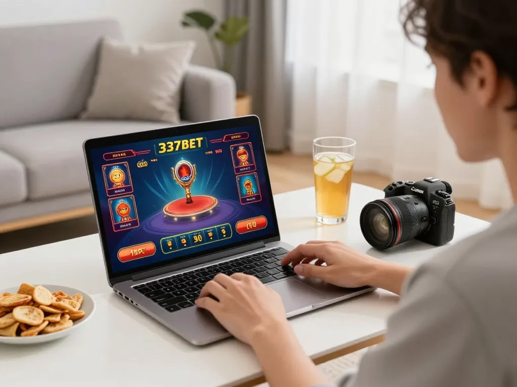 Pessoa jogando caça-níqueis na 337bet durante uma sessão de jogos em casa, com exibição vibrante do jogo.