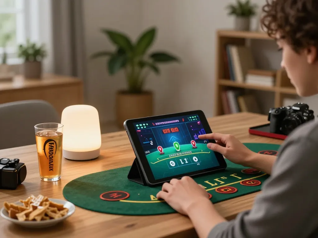 Player enjoying engaging live blackjack experience on ta88ai.com tablet with modern home decor.