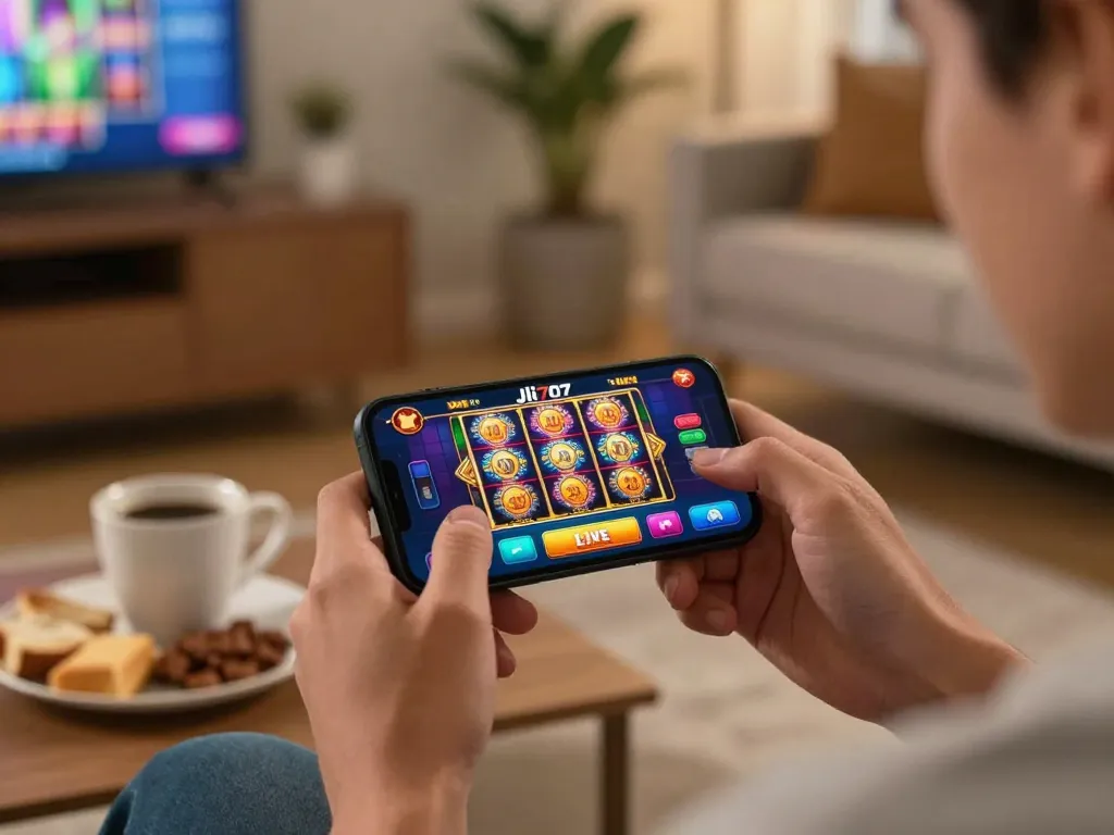 Playing exciting slots on Jili707 mobile app, showcasing vibrant game visuals for a thrilling gaming experience