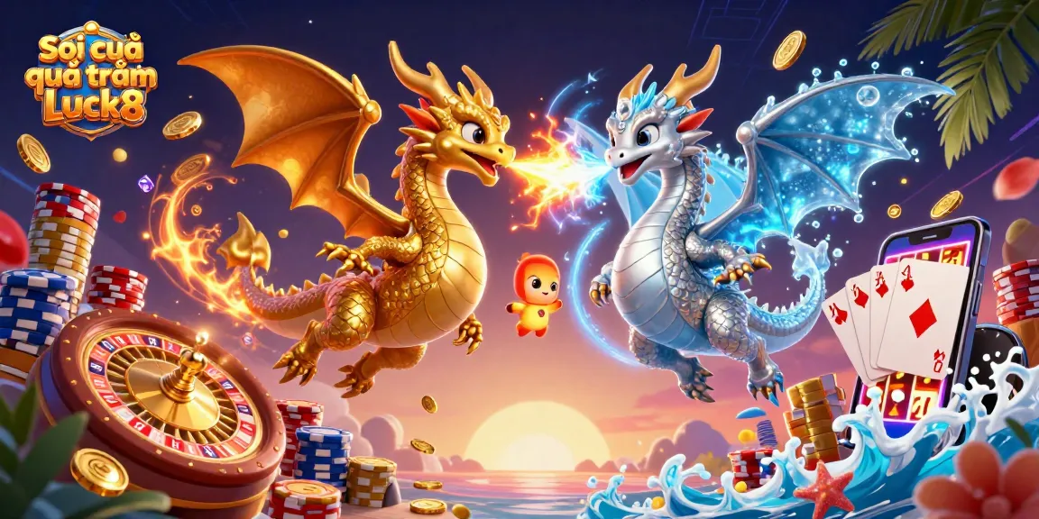 Soi cầu quả trám Luck8 showcases a dynamic casino scene with cartoon dragons and gaming elements.