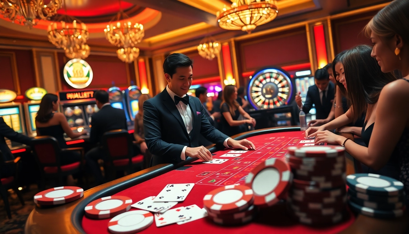 Exciting casino atmosphere at uu88 with players betting on blackjack and roulette.