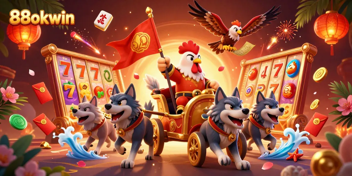 Experience the excitement of 88okwin with golden slot reels, a majestic rooster, and festive decorations.