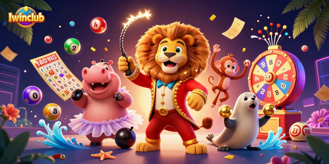 Iwinclub brings excitement with a lively scene featuring a ringmaster lion, hippo, monkey, and seal in a casino theme.