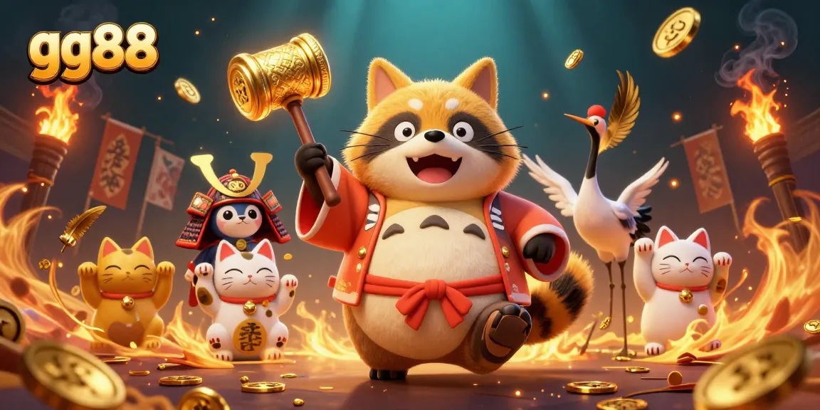 Win big with gg88 as the cheerful tanuki and friends celebrate in this vibrant casino scene.