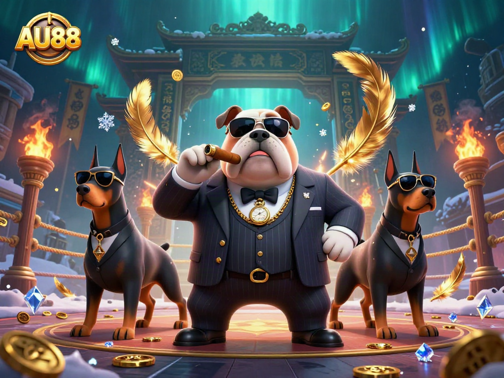 AU88 showcases thrilling casino action with a mafia boss bulldog and bodyguard Dobermans.