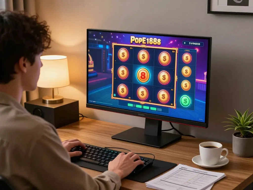 Player enjoying an exciting slot88 session at a modern home gaming setup, colorful graphics and cozy ambiance
