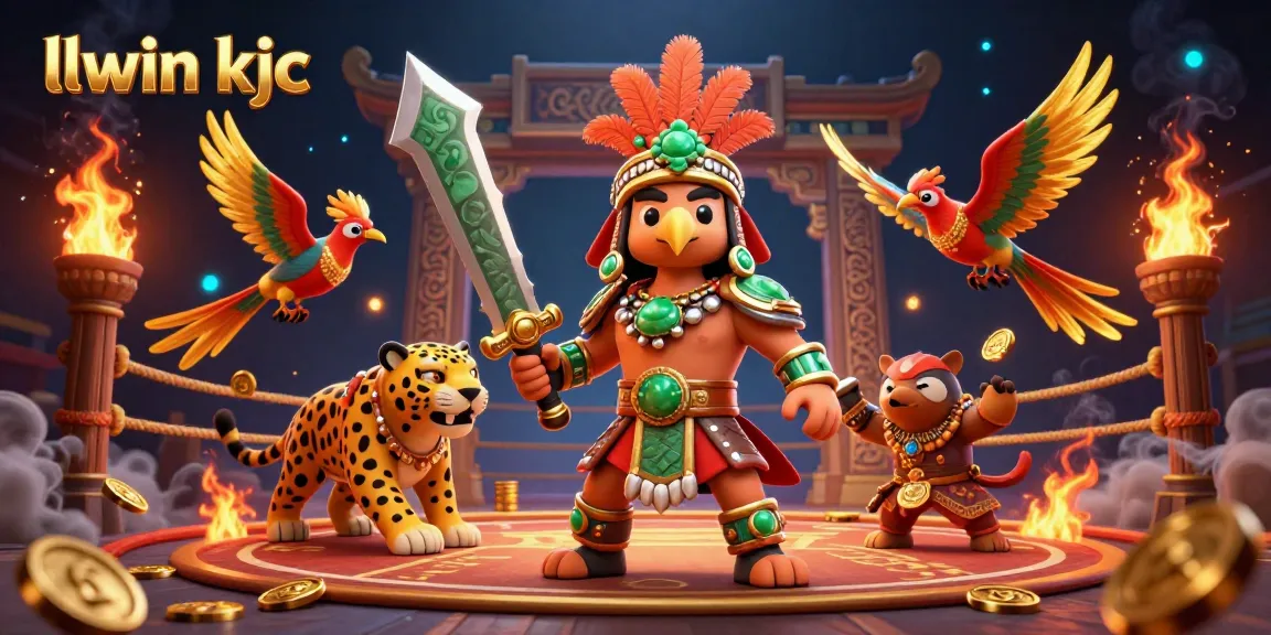 llwin kjc showcases a vibrant Aztec warrior scene amidst a dynamic casino battle ground, filled with gold tokens.
