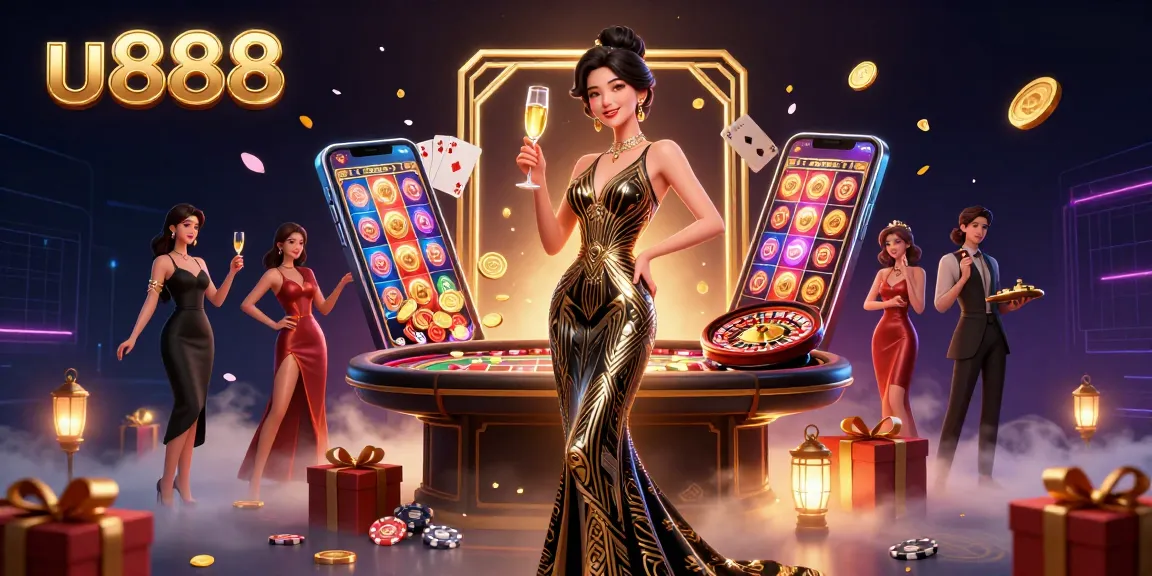 u888 celebrates gaming excitement with a glamorous casino scene showcasing a sophisticated Asian woman and dynamic slot game elements.