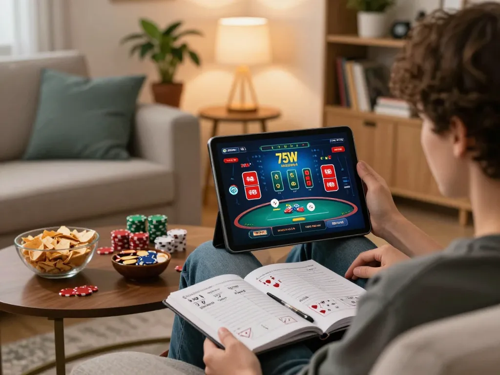 Engaging online gaming experience with 75W app on tablet, focused on strategy.