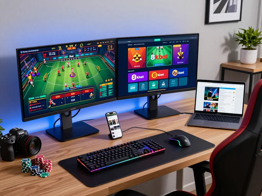 Engaging online gaming setup showcasing 8kbet platform with vibrant digital graphics and live casino games.