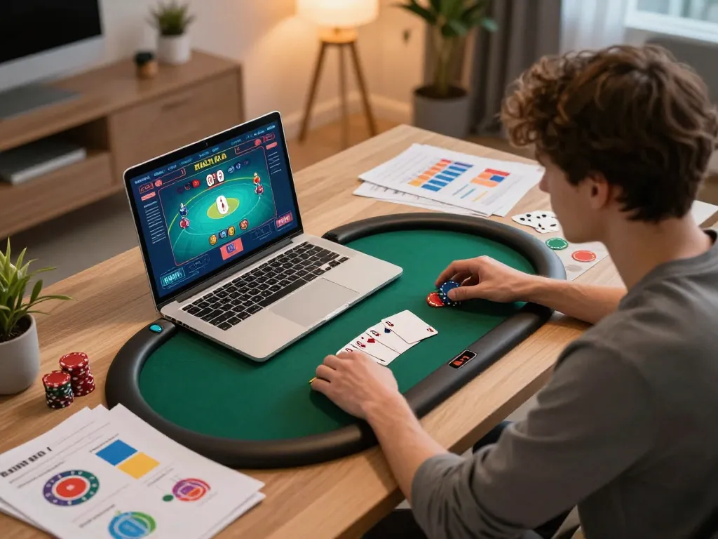 RIKVIP player enjoying an online poker session, showcasing strategic gameplay in a modern home office.