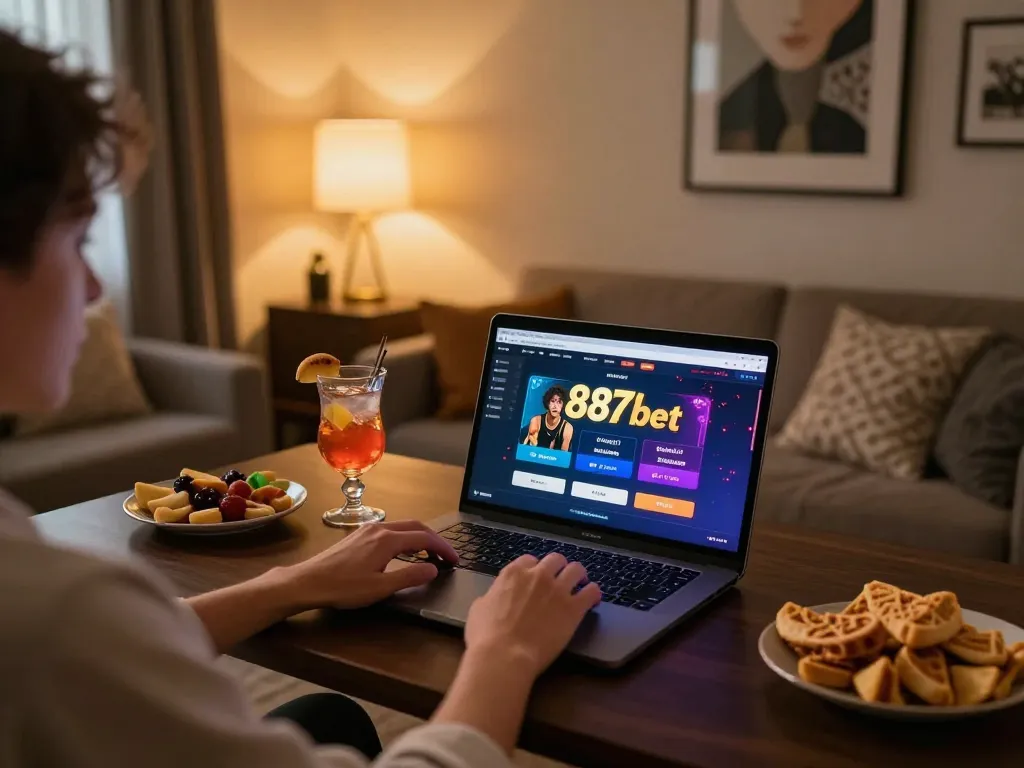 Usuário engajado na plataforma 887bet em uma configuração aconchegante de jogos em casa, exibindo jogabilidade estratégica.
