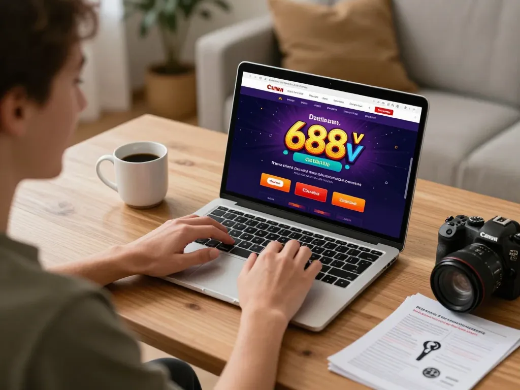 Engaging at 688v casino online with a laptop in a cozy home setting, showcasing a vibrant gaming atmosphere.