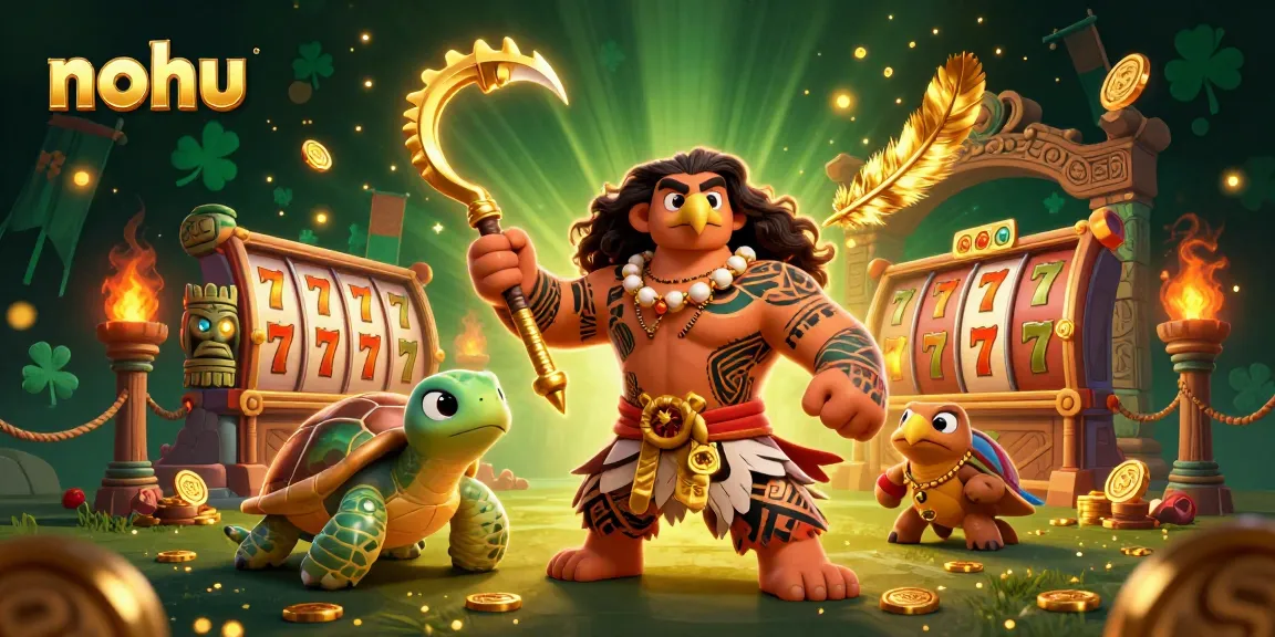 Nohu slots adventure featuring a hawk wielding a golden fish hook amidst rich casino elements