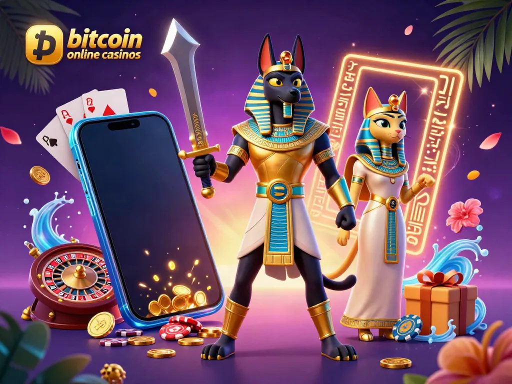 Experience immersive gaming at bitcoin online casinos with a dynamic crypto scene featuring Anubis and Bastet.