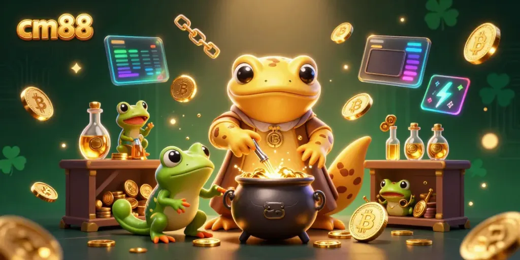 Experience thrilling gameplay at cm88 with a golden alchemist and magical creatures, showcasing vibrant casino elements.