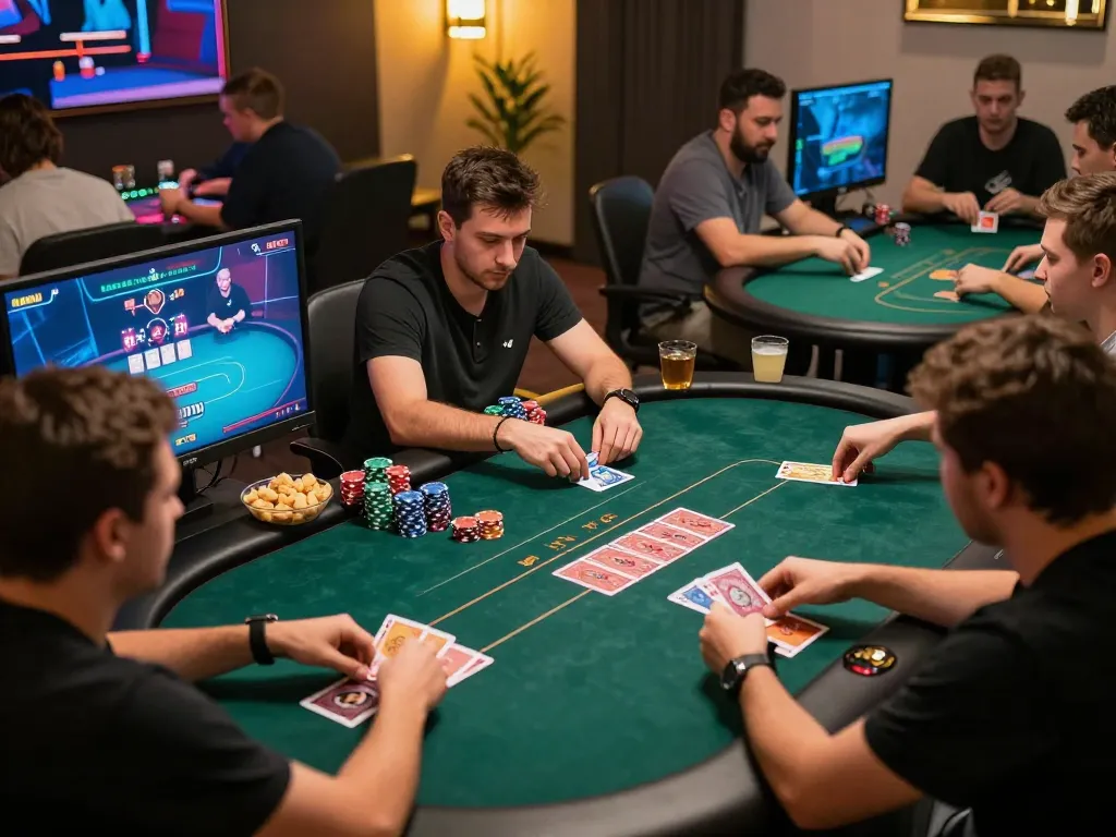 Jun88 players engaging in online poker game on multiple screens with focused expressions.