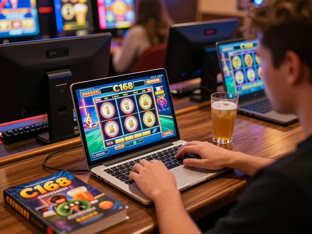 Player engaging with C168 online casino, laptop displaying vibrant slot game interface in a cozy setting