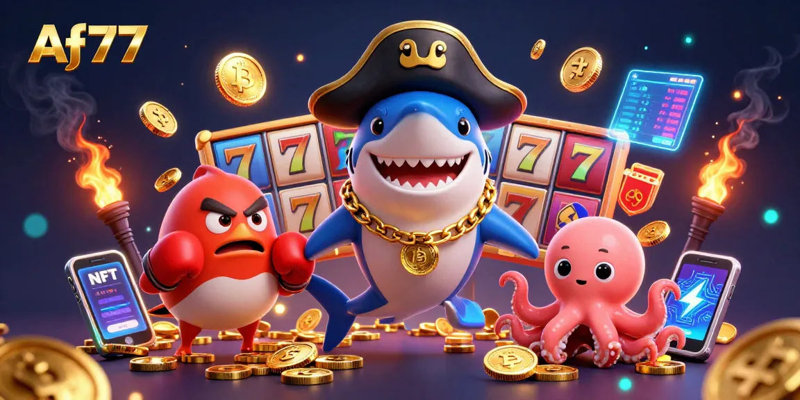 Win exciting jackpots with Af77's vibrant cartoon scene featuring unique characters and slot elements.