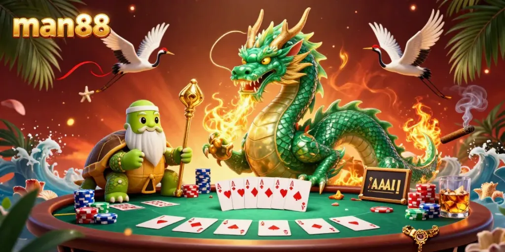 Join the thrilling action at man88 with a jade dragon and a turtle sage in this vibrant casino scene.