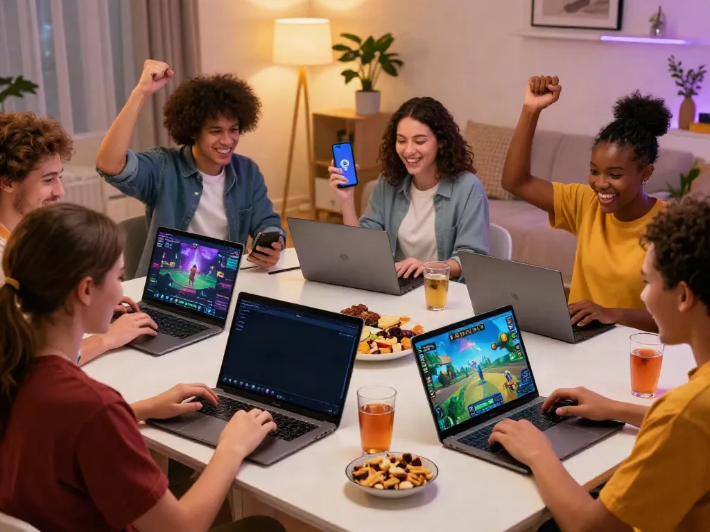 Nohuwin online gaming experience with friends enjoying colorful games in a cozy living room.