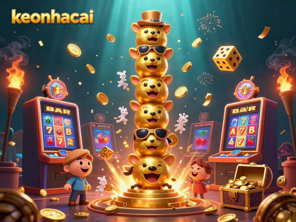 Engage with keonhacai in a vibrant 3D scene featuring dynamic animal totems and bursting slot machines.