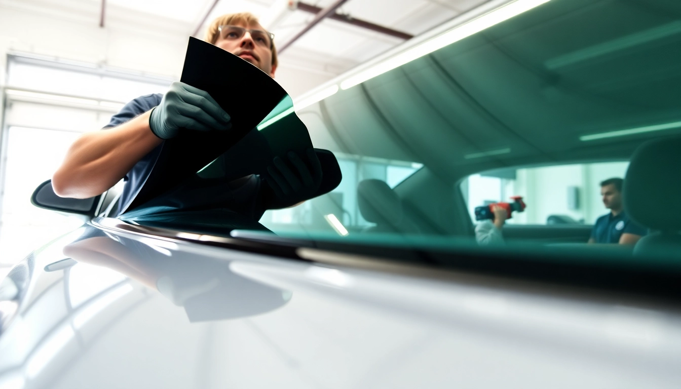 Applying window tint Chattanooga on a vehicle in a professional garage environment.
