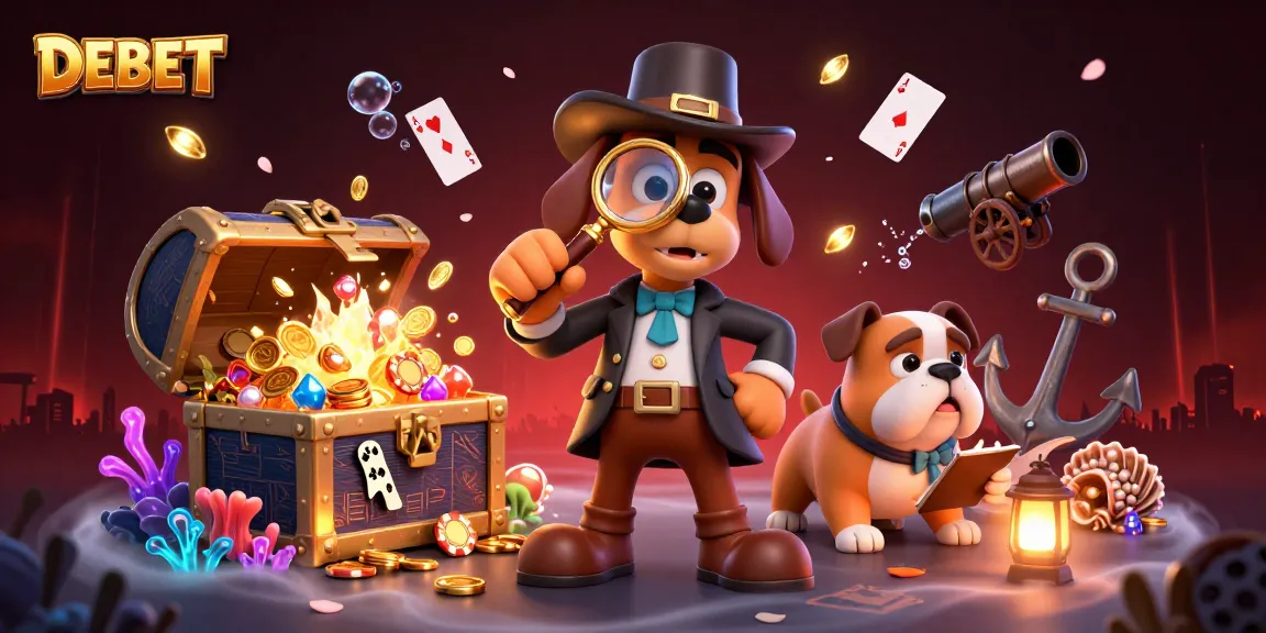 Discover DEBET treasures through a detective scene featuring game elements and rich visuals.